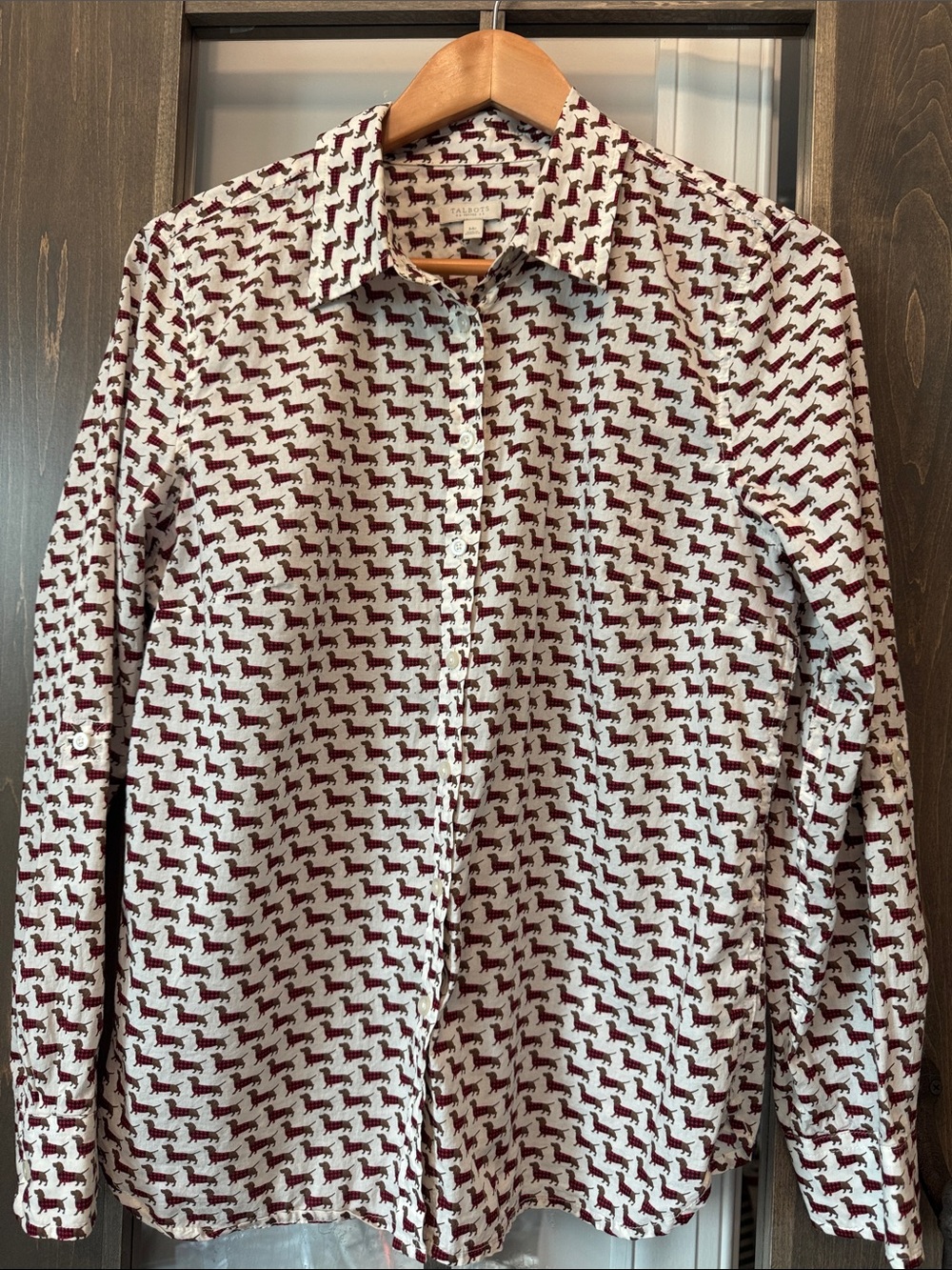 Talbots dachshund dog print button up shirt cotton Holiday roll tab sleeve